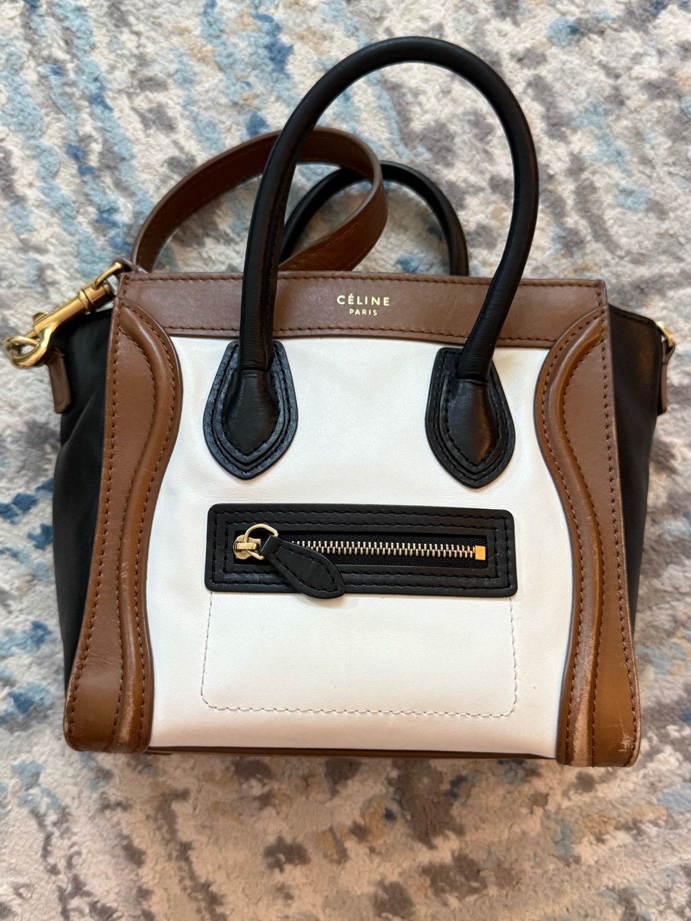 Celine Mini Tricolor Luggage Tote - White, Brown & Black